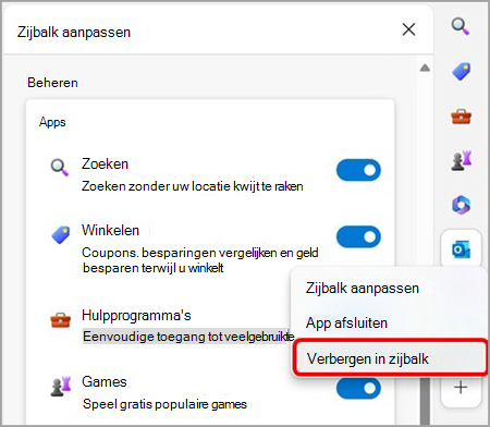 Verwijder Outlook uit de Zijbalk van Microsoft Edge.
