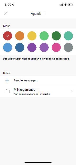 Toont een agenda op een mobiel scherm. Onder de sectie Delen ziet u een koppeling met de tekst People toevoegen.