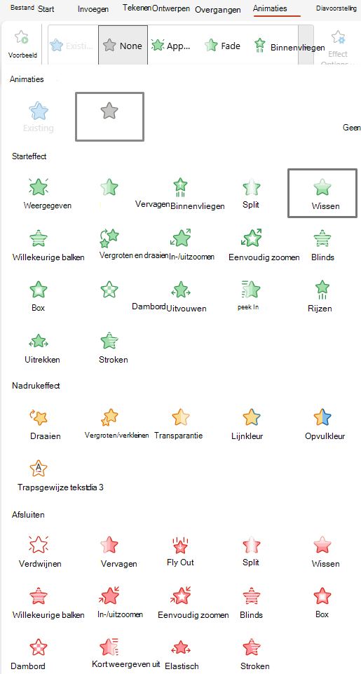 Schermopname van animaties die beschikbaar zijn voor webversie van PowerPoint.