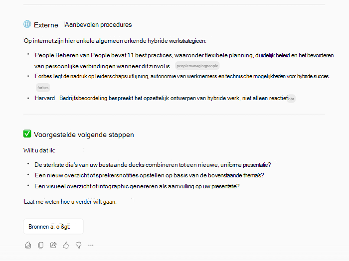 Een schermopname van Copilots-antwoord om een presentatie te maken, met informatie over het aangevraagde onderwerp en vervolgvragen.