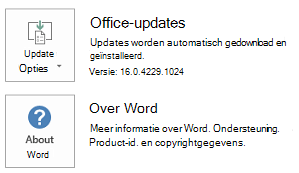 Als Office is geïnstalleerd via Klik-en-klaar-technologie, zien de gegevens over de toepassing en updates er zo uit.