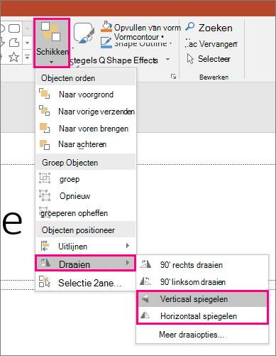 Toont de opties Voor spiegelen rangschikken >> in PowerPoint.
