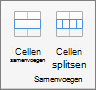 Schermafbeelding van de groep Samenvoegen beschikbaar op het tabblad Tabelindeling, met de opties Cellen samenvoegen en Cellen splitsen.