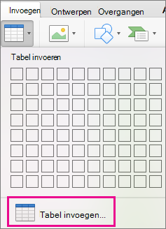 Menuoptie Tabel invoegen
