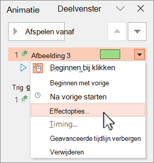 PowerPoint Animatiedeelvenster met de rechtermuisknop op menu effectenopties.
