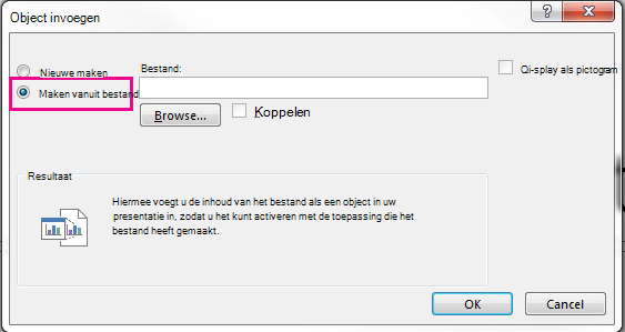 Het dialoogvenster Object invoegen met de optie Maken vanuit bestand geselecteerd