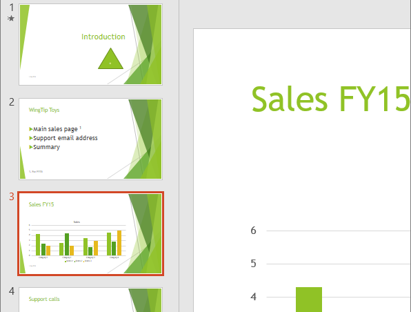 Geeft het diavenster met de derde dia geselecteerd in PowerPoint weer