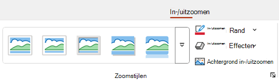 Het tabblad In-/uitzoomen op het lint in PowerPoint bevat opmaakopties zoals rand en achtergrond.