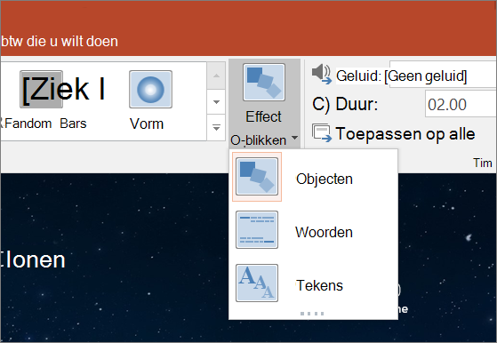 Toont opties voor overgangseffect voor de overgang Morphing in PowerPoint 2016