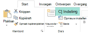 De knop Indeling op het tabblad Start in PowerPoint bevat alle beschikbare dia-indelingen.