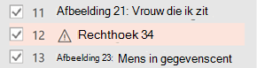 Er wordt een waarschuwingssymbool weergegeven naast een item waarvoor alternatieve tekst nodig is.