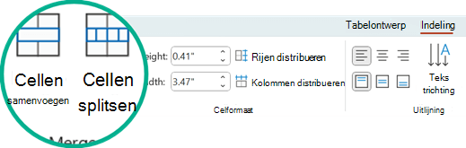 De opdrachten Cellen samenvoegen en Cellen splitsen bevinden zich op het tabblad Indeling in PowerPoint.