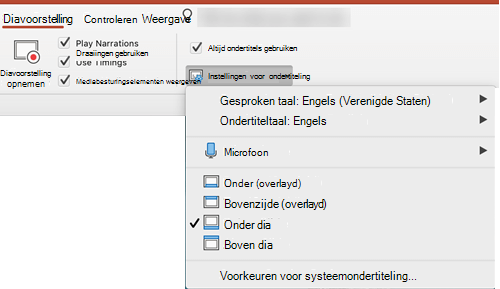 Instellingen voor bijschriften en ondertitels bevinden zich op het tabblad Diavoorstelling in PowerPoint.