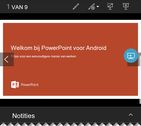 Hoewel de dia's op de grote monitor op volledig scherm worden weergegeven, ziet u op uw telefoonscherm de Weergave voor presentator met notities en navigatieknoppen