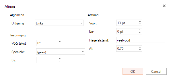 Het dialoogvenster Alinea bevat opties voor het instellen van horizontale uitlijning, inspringing in de linkermarge en regelafstand.