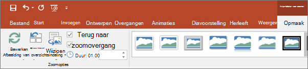 Hiermee wordt Zoomhulpmiddelen weergegeven op het tabblad Opmaak van het lint in PowerPoint.
