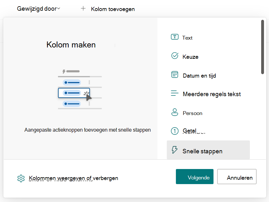 Schermopname met menu voor het selecteren van de kolom Snelle stappen.