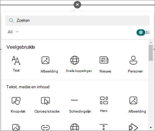 Selecteer de cirkel op een SharePoint-pagina die u bewerkt om de beschikbare webonderdelen weer te geven.