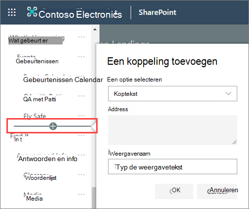 Afbeelding van het toevoegen van een nieuwe koptekst aan navigatie