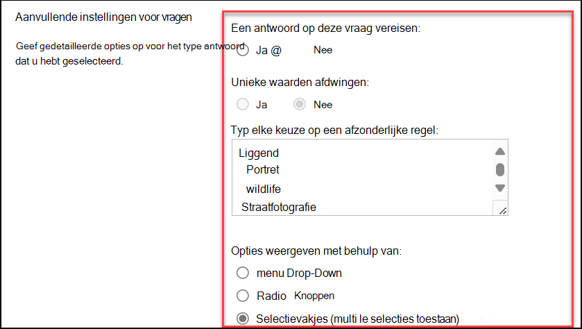 schermopname van aanvullende vraaginstellingen