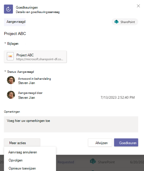 Schermafbeelding van de details van de goedkeuringsaanvraag in de app.