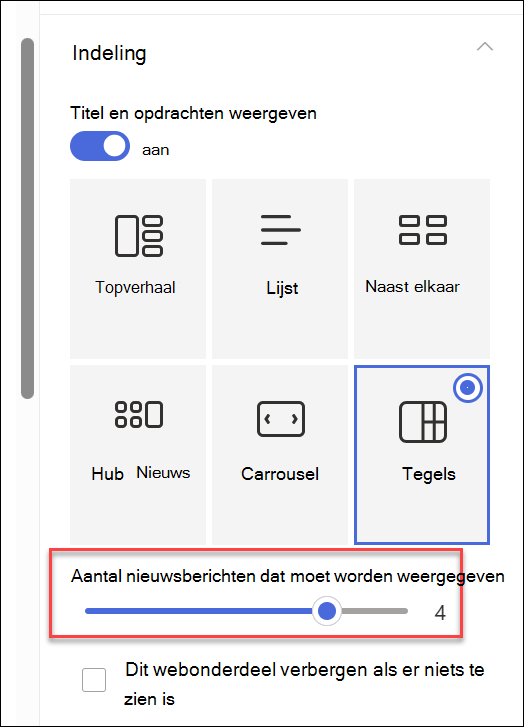 Schermopname van Weergavenummer wijzigen voor webonderdelen