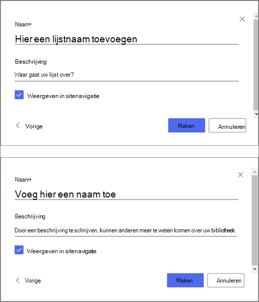 Het bovenste deel van de afbeelding is een venster voor het invoeren van informatie voor een lege lijst en het onderste deel van de afbeelding is een venster voor het maken van een documentbibliotheek.