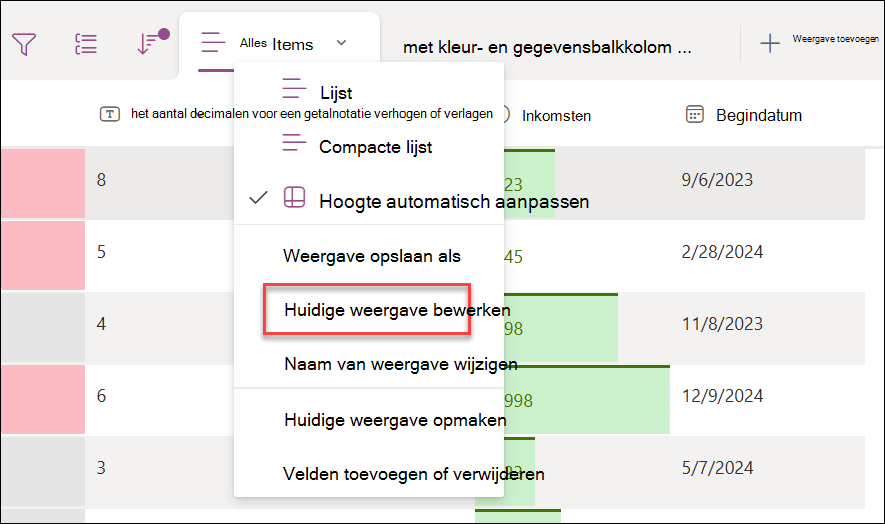 Schermafbeelding van het selecteren van de huidige weergave bewerken