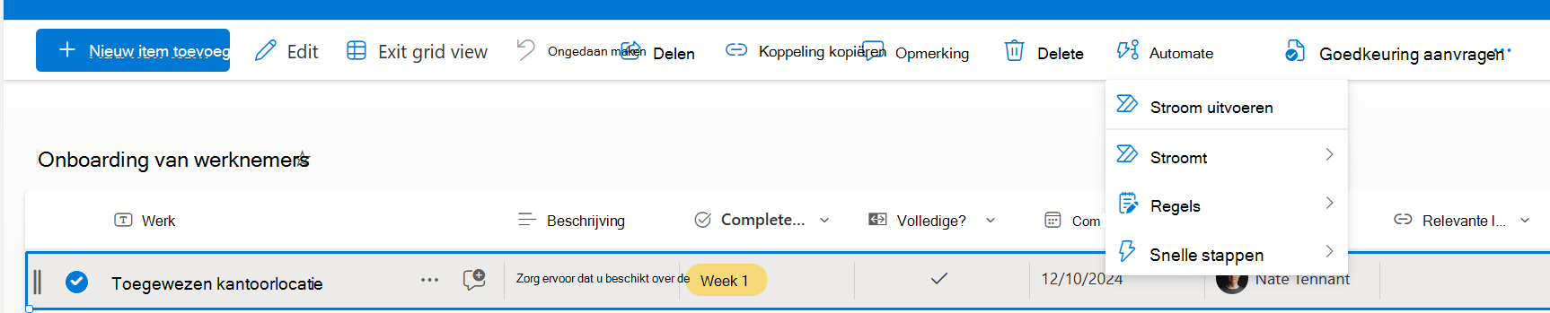 Geselecteerd item met optie voor het uitvoeren van een snelle stap