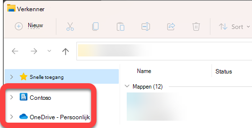 In het navigatiedeelvenster aan de linkerkant van Bestandenverkenner bevinden zich mappen op het hoogste niveau voor een gesynchroniseerde SharePoint-bibliotheek en een gesynchroniseerde OneDrive.