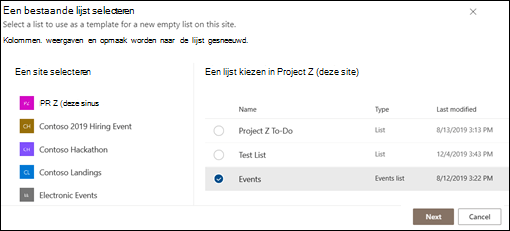 Een bestaande lijst selecteren
