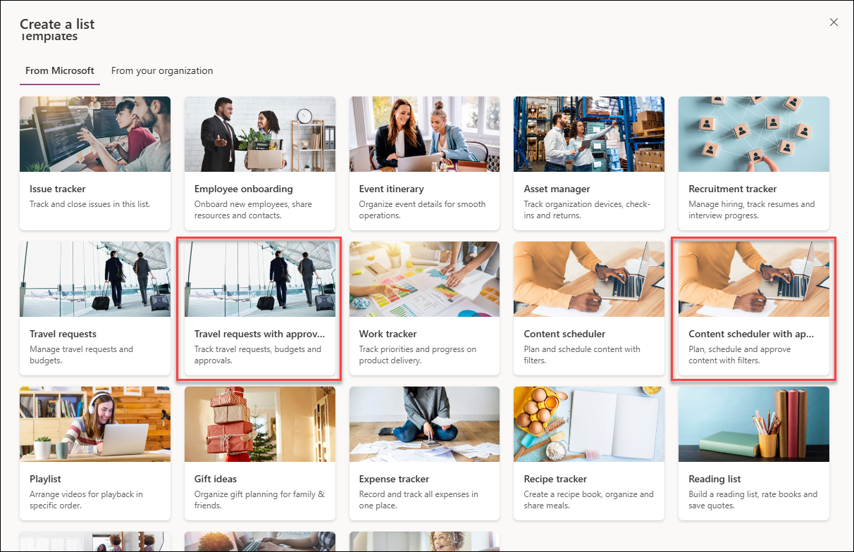 schermafbeelding van lijstsjablonen met goedkeuringen