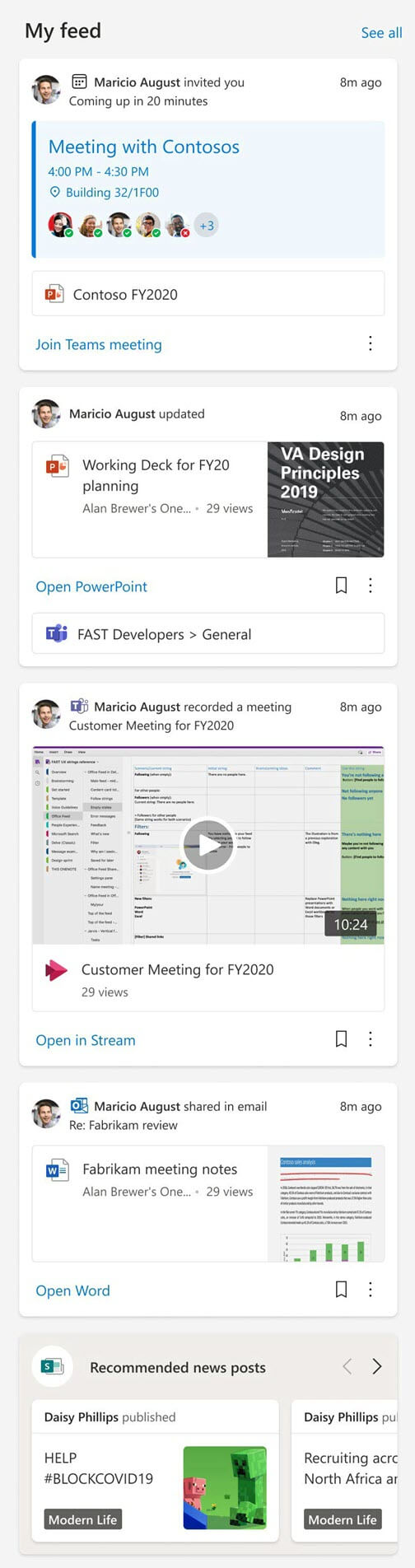 Voorbeeld van hoe het webonderdeel Mijn feed er kan uitzien