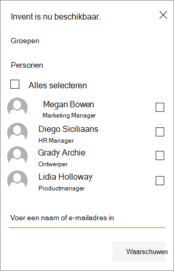 Menu om te selecteren welke groepen en/of leden moeten worden geïnformeerd over nieuwe uploads in SharePoint