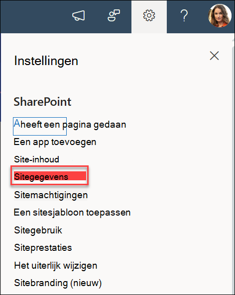 De optie Site-informatie in het dialoogvenster Instellingen.