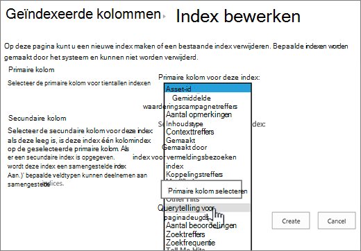 Indexpagina bewerken met kolom geselecteerd in vervolgkeuzelijst