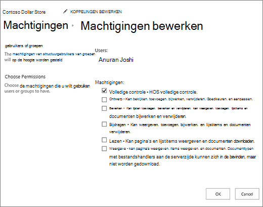 Machtigingsniveaus wijzigen in het dialoogvenster Machtigingen