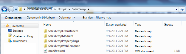 Schermafbeelding van Windows Verkenner met een uitgepakt Web Solution Package (.wsp).