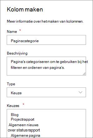 Voorbeeld van het instellen van een categoriekeuzekolom voor blogs