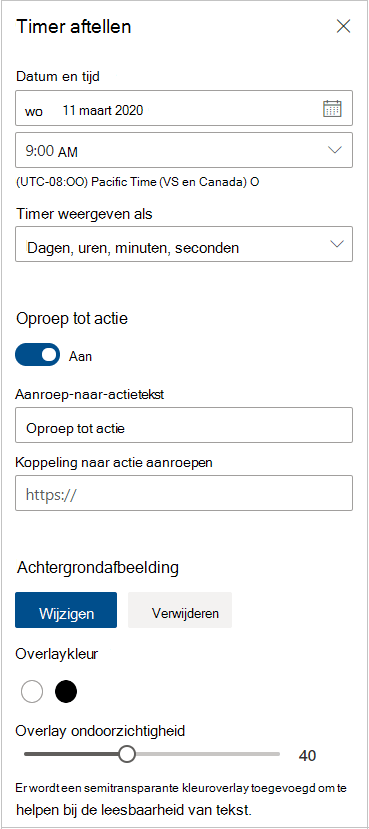 Timerinstellingen voor aftellen