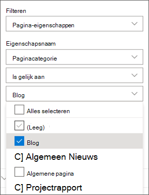 Filter ingesteld op Blogs in het deelvenster Nieuws van webonderdeel