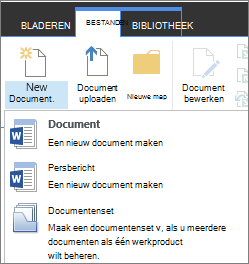 Knop Nieuw document met vervolgkeuzelijst op het lint
