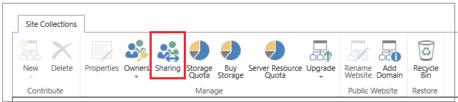 Het lint van het SharePoint Online-beheercentrum waarbij de knop Delen is gemarkeerd