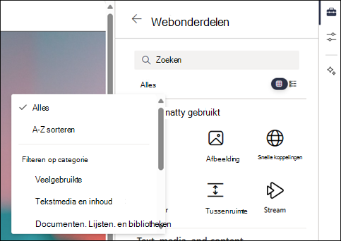 De webonderdelen filteren in niveau 2 van de werkset