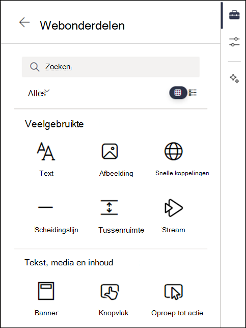 Webonderdelen die worden vermeld in niveau 2 van de werkset