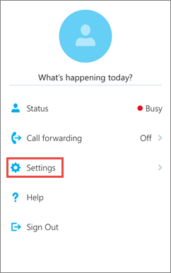 Skype voor Bedrijven voor iOS-startscherm met de optie Instellingen