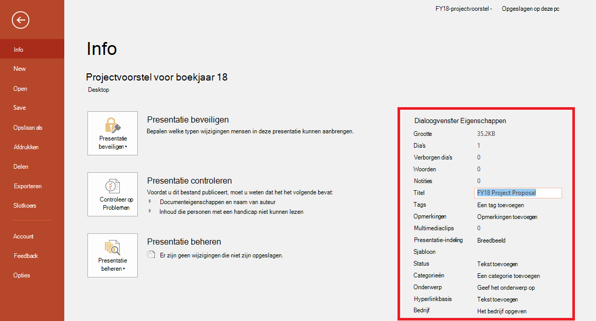 Eigenschappen van Office-document - Bestand > Infovenster