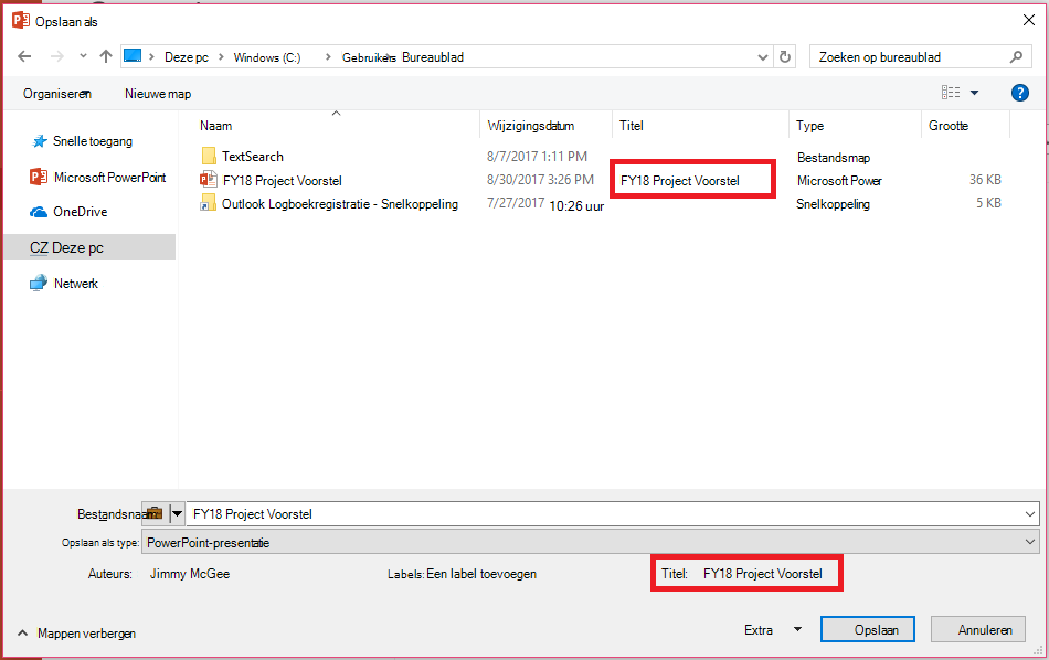 Eigenschappen van Office-document - dialoogvenster Opslaan als
