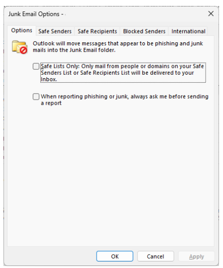 Schermafbeelding van Opties voor ongewenste Email na de installatie van de update