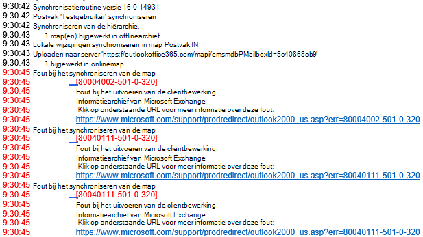 Lijst met fouten in Outlook-logboek
